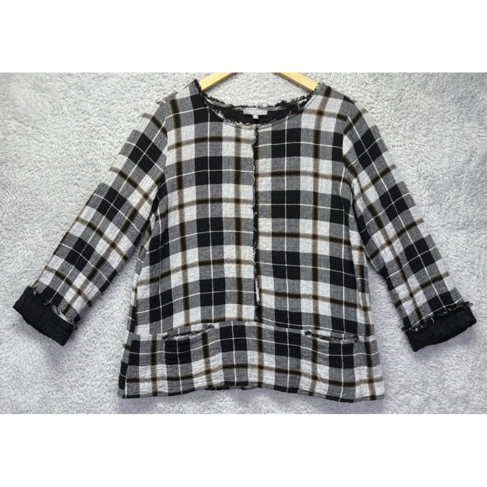 Habitat Womens XS Black White Plaid Gauze Blouse Wearable Art Top Pockets Lagen
